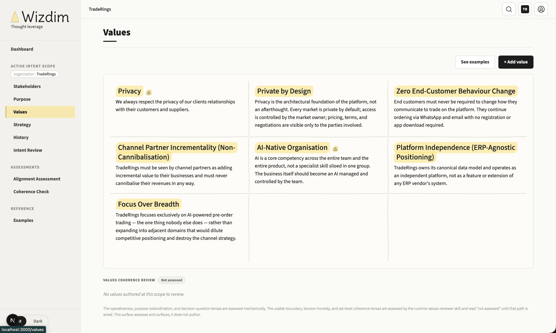 The Wizdim console values canvas, showing the full values set with definitions.