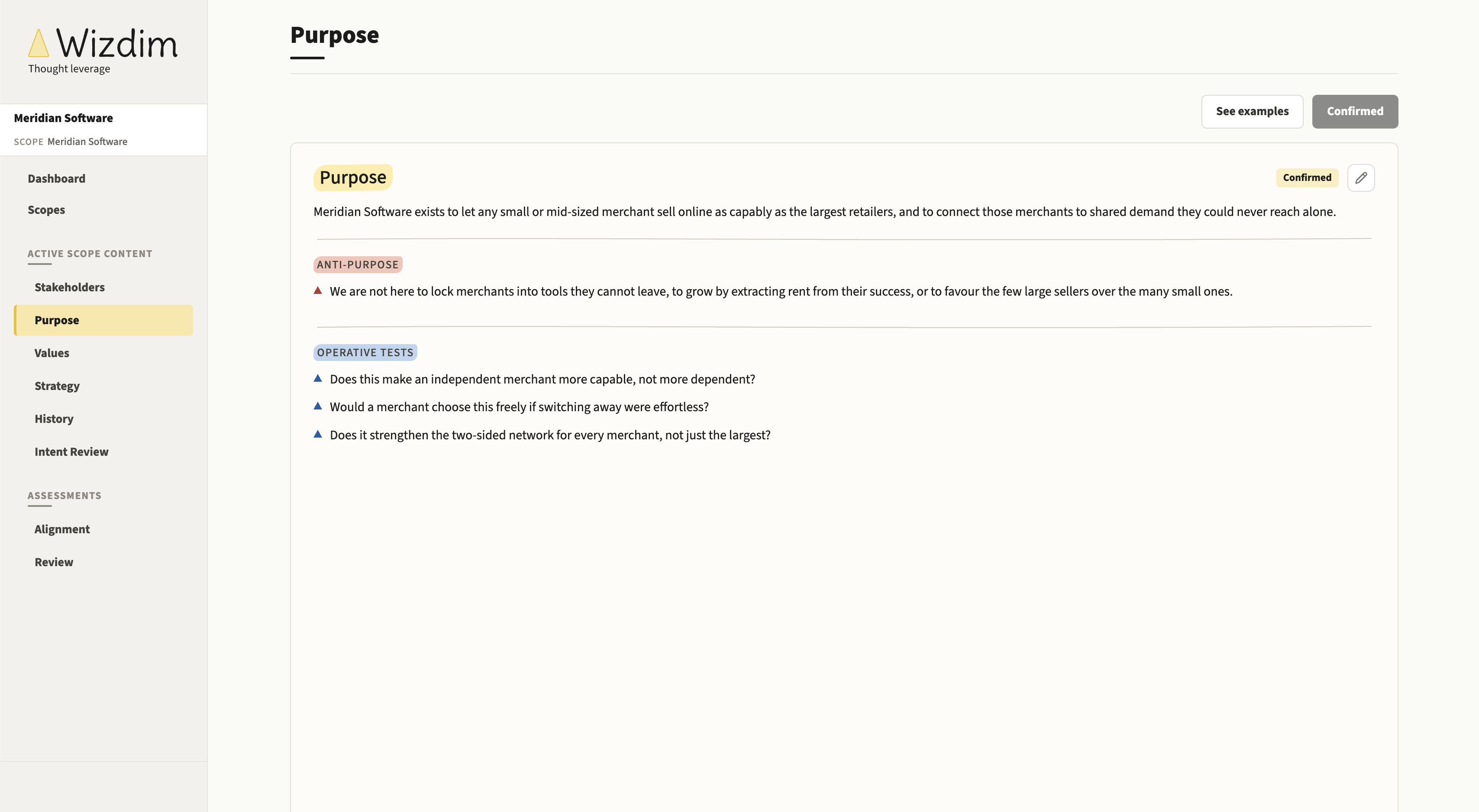 The Wizdim console purpose screen, with an anti-purpose and operative tests.