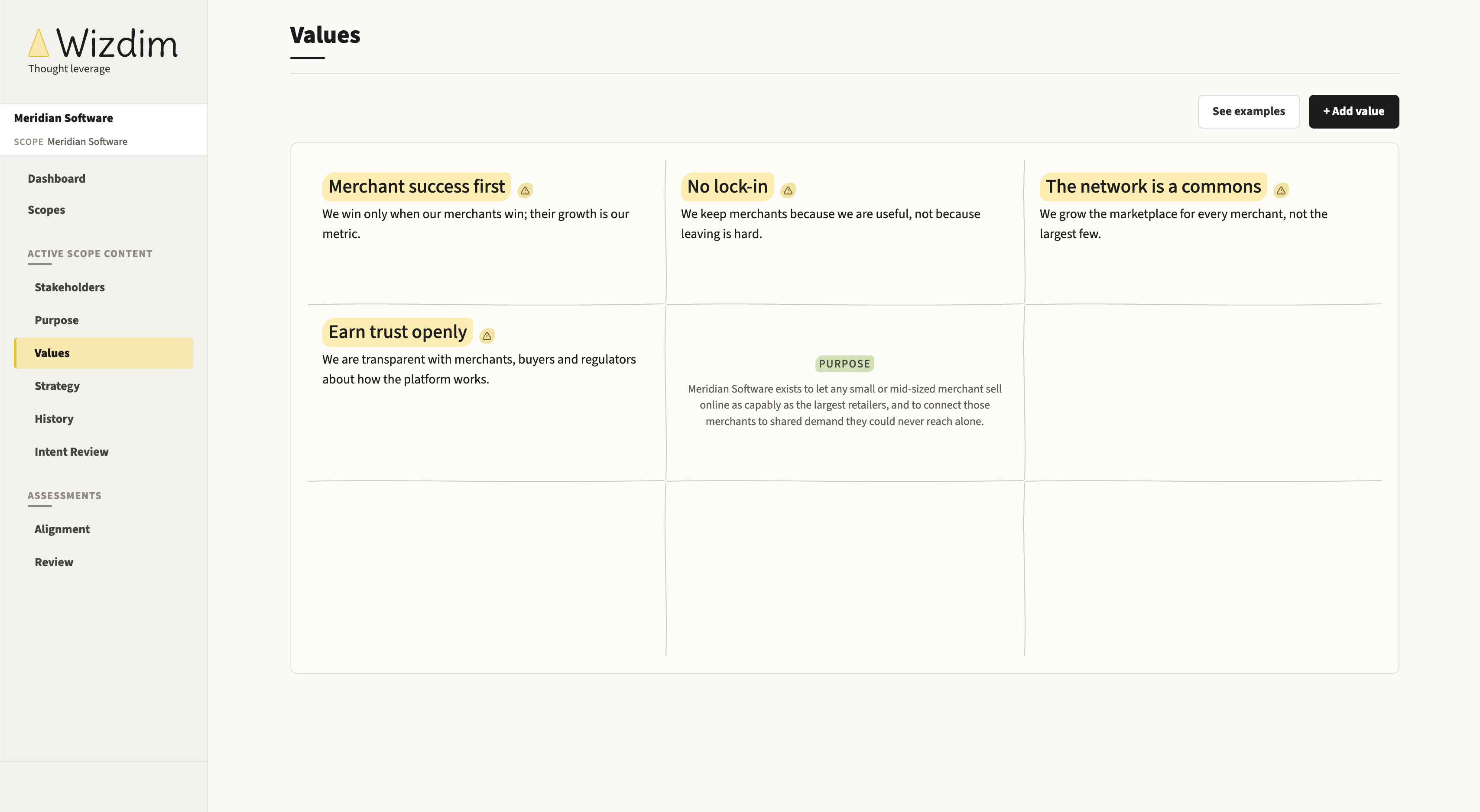 The Wizdim console values canvas, arranging the values around the purpose.